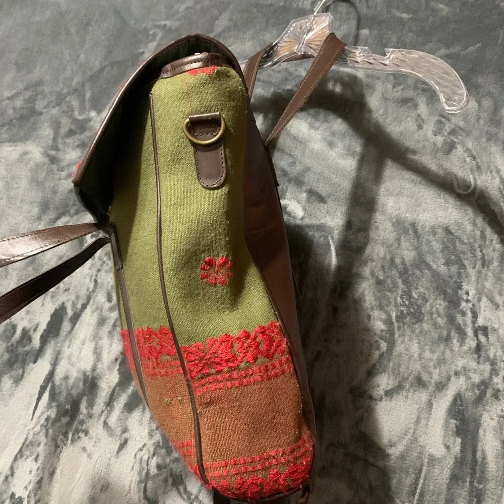 Backpack Womens Tribal Woven Fabric Leather Green Red Boho Embroidered